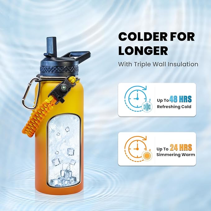 Insulated Water Bottle 32 oz, Triple Wall Vacuum Stainless Steel (Cold for 48 Hrs), Leak Proof & Non-BPA, Modern Water Flask Jug with Paracord Handle & Straw Spout Lids, Ombre Orange-FlexoryFit