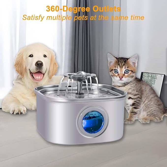 Cat Water Fountain Stainless Steel, 3.2L/108oz Pet Water Fountain with Water Level Window, Automatic Cat Water Dispenser for Drinking Indoor, Dogs, Multiple Pets,9 Replacement Filters & 9 Sponge