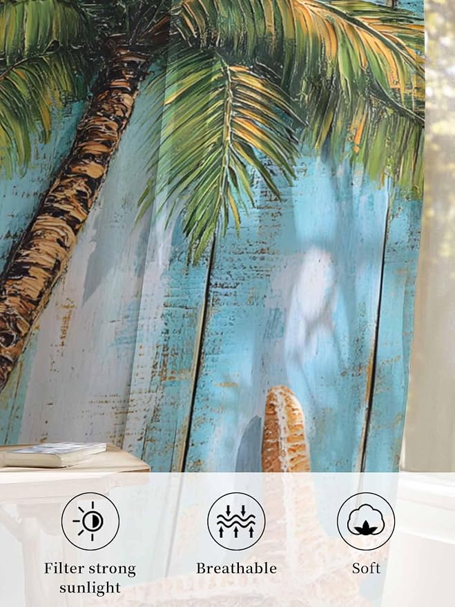 Sheer Curtains 72 Inches Long, Coastal Beach Tree Semi Sheer Curtains Light - Image 6
