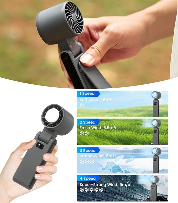 PEAKFLOW Handheld Fan with Ice Cooler,Foldable,Mini Pocket Size, Digital Display, 4000mAh Rechargeable Battery,4-Speed,4-IN-1 Portable Fan for Travel and Outdoor