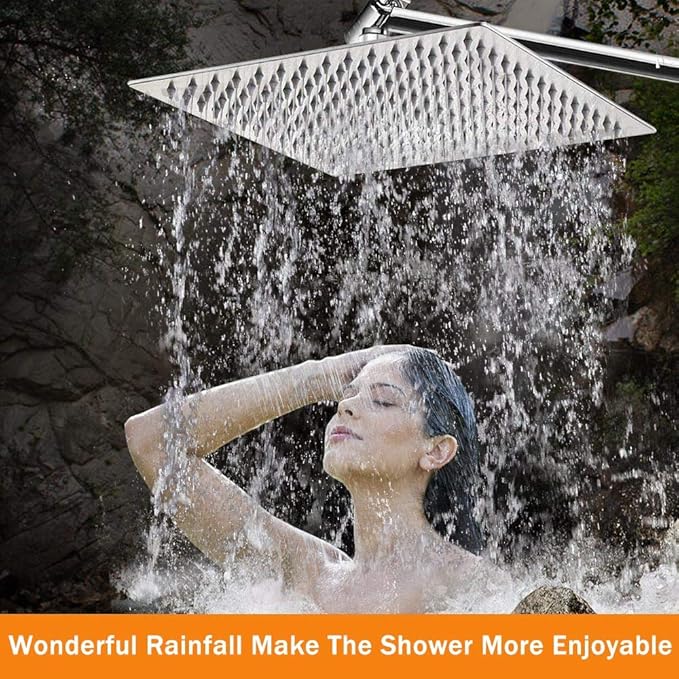 HarJue High Pressure Large Stainless Steel Square Rain ShowerHead With Shower Arm Waterfall Full Body Coverage Easy to Clean and Install (12 Inch With Arm, Chrome Finish)