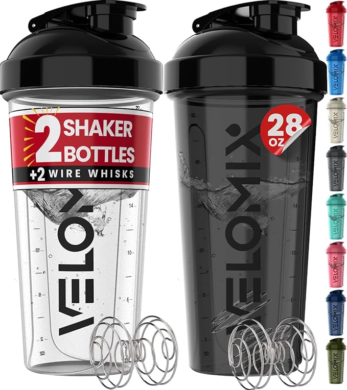 '-2 Pack- 28 oz Protein Shaker Bottles for Protein Mixes - 2x Wire Whisk | Leak Proof Shaker Cups for Protein Shakes | Protein Shaker Bottle Pack (Black/Transparent)-FlexoryFit