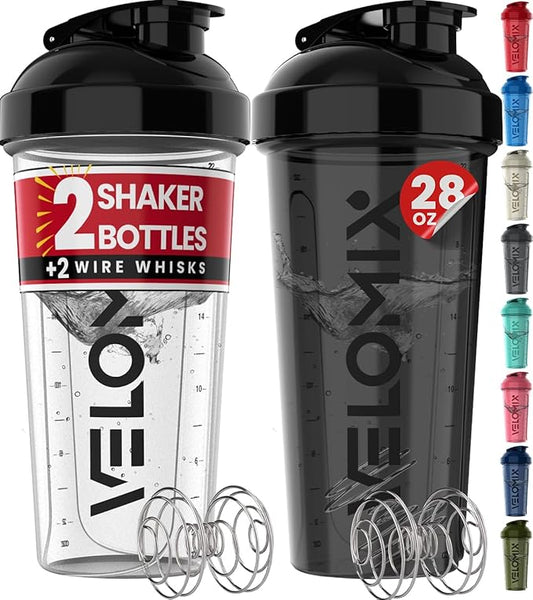 '-2 Pack- 28 oz Protein Shaker Bottles for Protein Mixes - 2x Wire Whisk | Leak Proof Shaker Cups for Protein Shakes | Protein Shaker Bottle Pack (Black/Transparent)-FlexoryFit