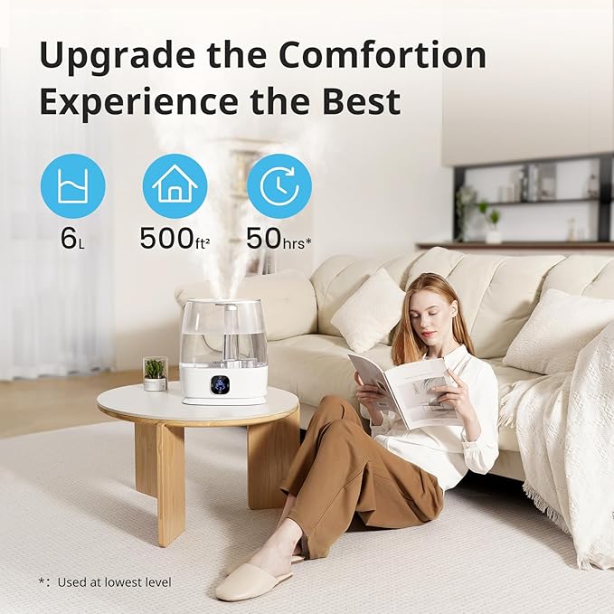 Humidifiers for Bedroom Home, 6L Cool and Warm Mist Air Humidifier for Large Room Baby Nursery, 50H Easy Clean and Top Fill, Quiet with Ultrasonic, Essential Oils, Auto Mode, for House, Plants