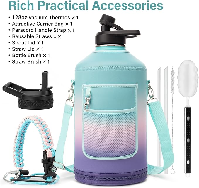 1 Gallon Water Bottle Insulated | Thickened Stainless Steel Vacuum Metal Water Jug | Portable Sports Large for Gym and Hiking with Straw, Carrier Bag, Handle Strap | BPA-Free 128 oz-FlexoryFit