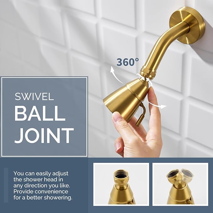 Angle Simple High Flow Shower Head, Brass Shower Sprayer for Outdoor, Adjustable Angle and Water Flow, G 1/2, Brushed Gold