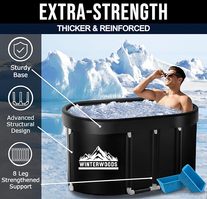 XL Ice Bath Tub For Athletes - 129 Gallon Oval Shaped Durable Frame - Recovery Cold Plunge & Cold Water Therapy - Portable Build - Easy Installation - Includes Two Collapsible Ice Molds & Thermometer