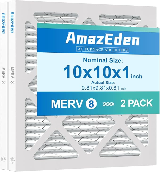 10x10x1 AC Furnace Air Filter MERV 8 (2-Pack) MPR 600 FPR 5 HVAC Pleated Filters Dust Defense Replacement for Home Office (Exact Dimensions: 9.81x9.81x0.81 Inches)