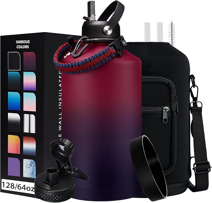1 Gallon Insulated Water Jug - with Paracord Handle, Straw & Chug Lid, Water Bottles Holder with Strap, 128oz Stainless Steel Large Water Bottle, Keep Hot 12H & Cold 48 for Travel Hiking Camping Work-FlexoryFit