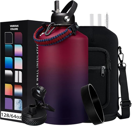 1 Gallon Insulated Water Jug - with Paracord Handle, Straw & Chug Lid, Water Bottles Holder with Strap, 128oz Stainless Steel Large Water Bottle, Keep Hot 12H & Cold 48 for Travel Hiking Camping Work-FlexoryFit