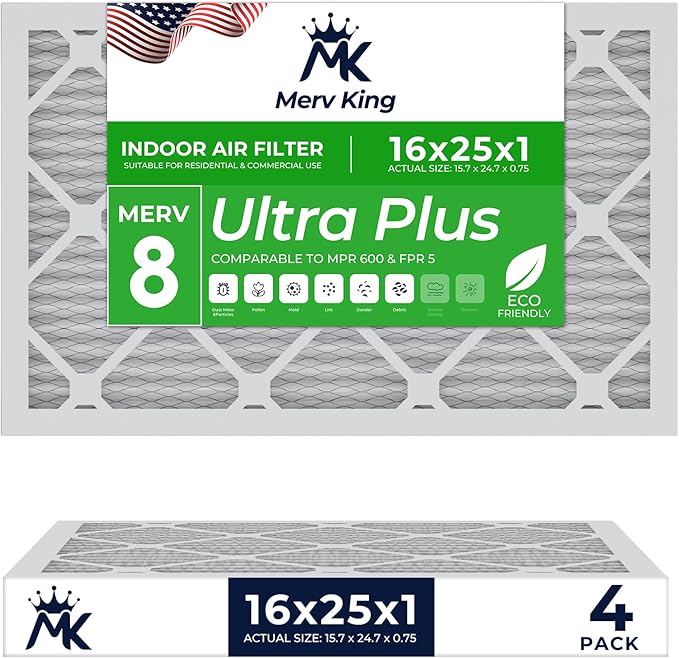 MervKing 16x25x1 Air Filter Actual Size: 15.7" x 24.7" x 0.75" MERV 8 MPR 600-700 | MADE IN USA | 4-Pack | Pleated HVAC AC Furnace Replacement