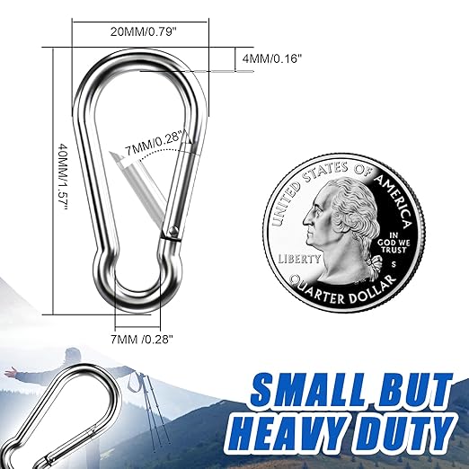 Small Carabiner Clip Hooks, 25pcs 1.57 inch Carabiners Heavy Duty, 304 Stainless Steel Spring Snap Hook Fits Camping Hiking, Metal Clips for Rope Chain Keys Rings