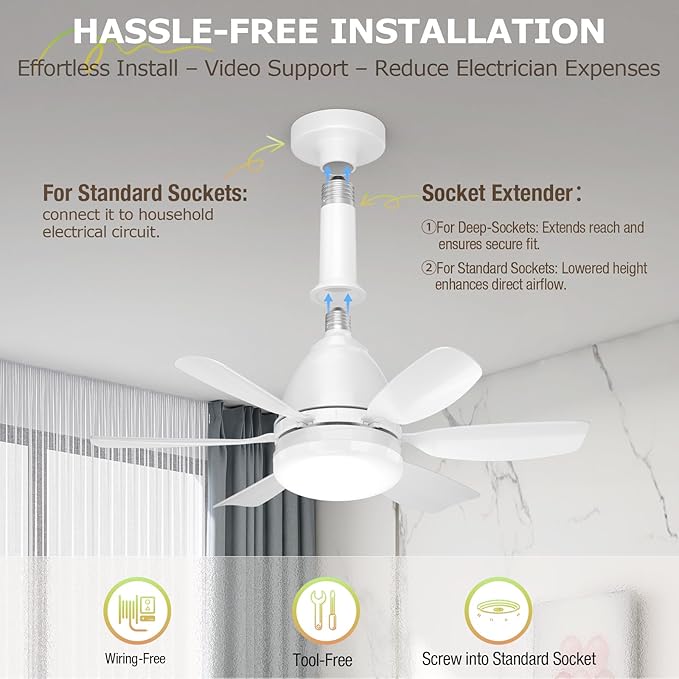 Socket Fan Light Ceiling Fans with Lights and Remote, Dimmable LED 3 Colors 3000K-6500K, 1556 Lumens Light Bulb Screw in Ceiling Fan for Bedroom, Kitchen, Living Room, Closet