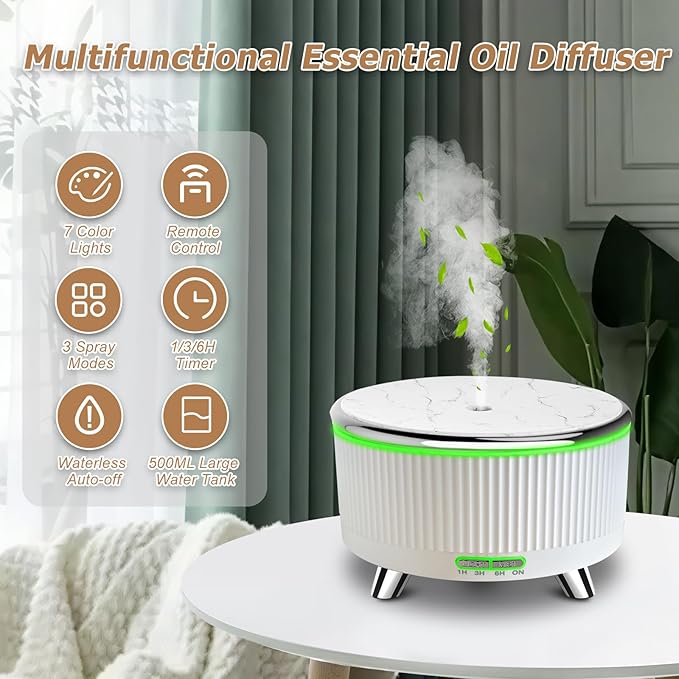 Essential Oil Diffuser for Large Room 500ml,Diffusers for Home with R/C,Aromatherapy Diffuser Waterless Auto Off,Cool Mist Humidifier 7 Colors Light & 3 Mist Modes for Bedroom Office White Silver