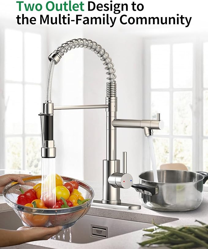 Commercial Pull-Down Kitchen Sink Faucet - Single Handle, Dual Spout, Stainless Steel, with Countertop & Sprayer (Chrome-03)