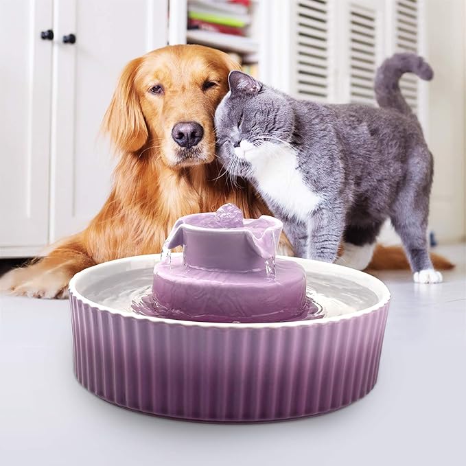 2.1L Ceramic Cat Water Fountain-for Cats and Dogs, 360 Ceramic Pet Fountain-70 Oz Large Water Capacity - Whisper-Quiet Water Flow-Great for Shy or Timid Pets - Fresh, Filtered Water(Purple)