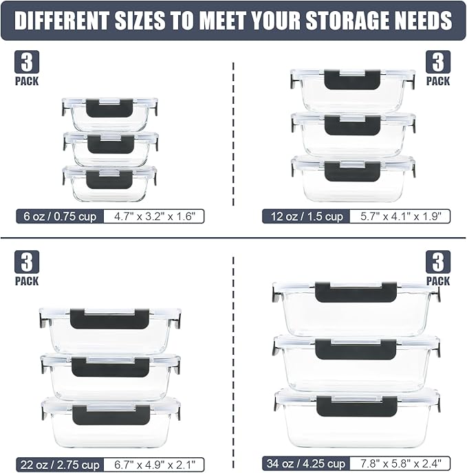 12 Pack Glass Food Storage Containers, Glass Storage Containers with Lids for Meal Prep, Lunch, Airtight, Freezer to Microwave Safe (12 Lids & 12 Containers)-FlexoryFit