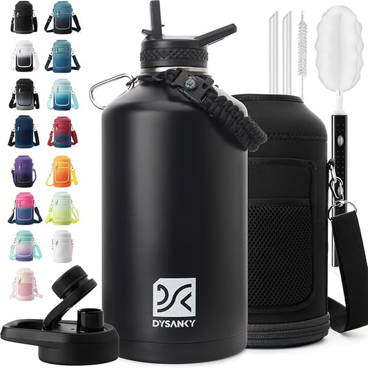 1 Gallon Water Bottle Insulated | Thickened Stainless Steel Vacuum Metal Water Jug | Portable Sports Large for Gym and Hiking with Straw, Carrier Bag, Handle Strap | BPA-Free 128 oz-FlexoryFit
