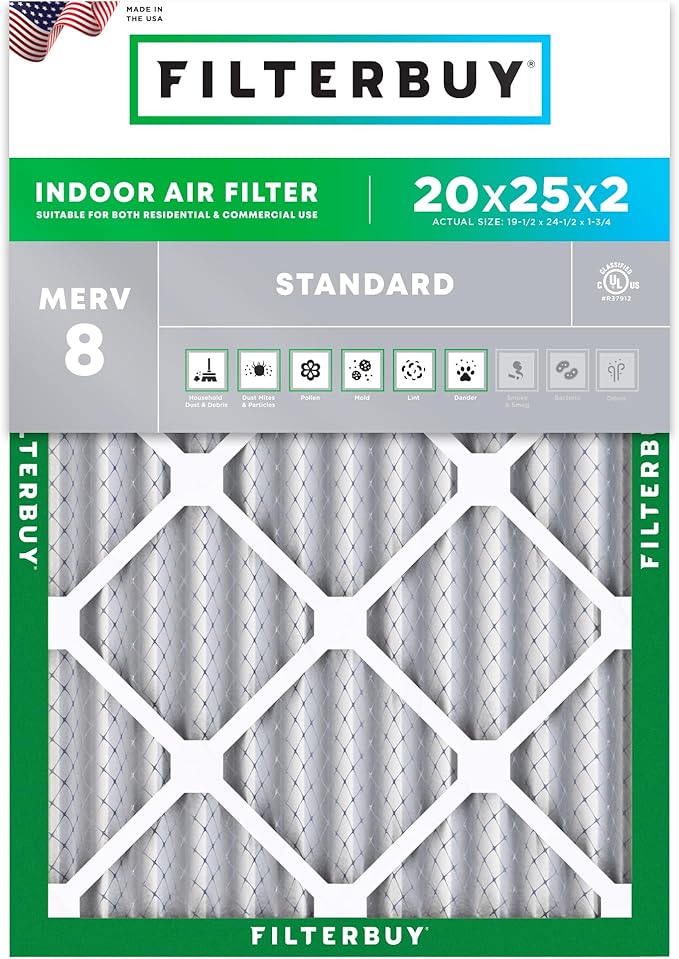 Filterbuy 20x25x2 Air Filter MERV 8 (MPR 700) Dust Defense Replacement (1-Pack), Electrostatic Pleated HVAC AC Furnace Filters, Made in USA (Actual Size: 19.50 x 24.50 x 1.75)