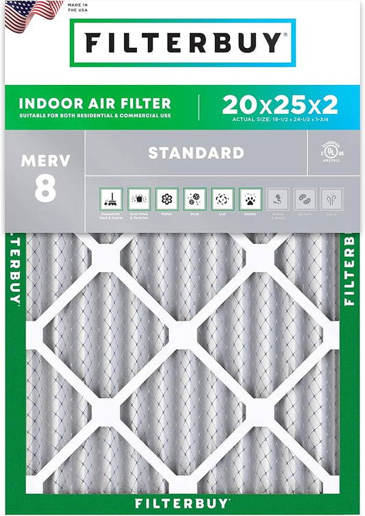 Filterbuy 20x25x2 Air Filter MERV 8 (MPR 700) Dust Defense Replacement (1-Pack), Electrostatic Pleated HVAC AC Furnace Filters, Made in USA (Actual Size: 19.50 x 24.50 x 1.75)