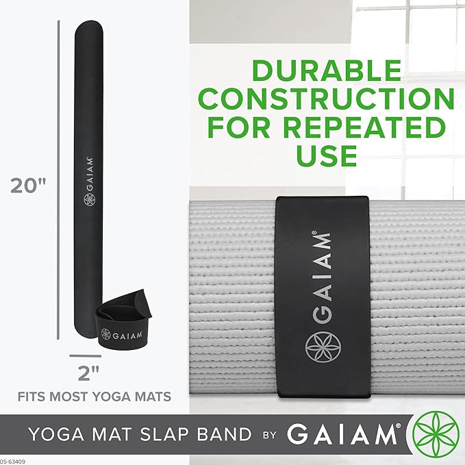Gaiam Yoga Mat Strap Slap Band - Keeps Your Mat Tightly Rolled and Secure with One Snap - Strong Clasp for Yoga Mat Storage and Travel - Fits Most Size Mats (20"L x 1.5"W), Black-FlexoryFit