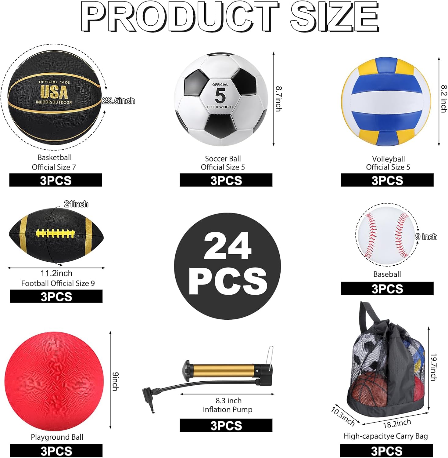Leyndo 18 Pcs Sport Balls Bulk Set Basketball Football Volleyball Soccer Playground Baseball with Sport Equipment Bag Pump for Youth Adults Outdoor Indoor Practice Gift Back to School