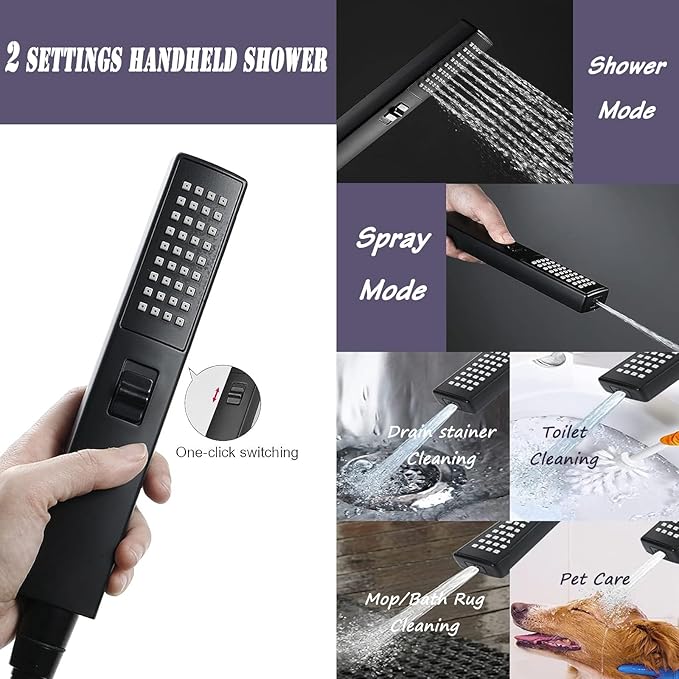 12" High Pressure Square Rain Shower Head and 2-in-1 Hand Shower, Rainfall Showerhead with 13" Shower Arm, Equipped with 78" Hose, Adhesive Shower Head Holder (Square Shower Head Set Black)