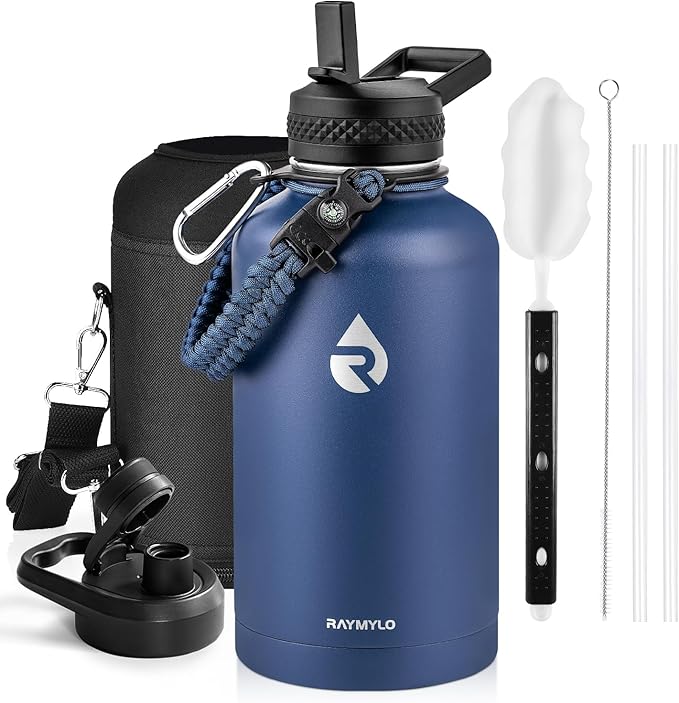 Insulated Water Bottle 64 oz, Triple Wall Vacuum Stainless Steel (Cold for 48 Hrs), Leak Proof & Non-BPA, Half Gallon Water Flask Jug with Paracord Handle & Straw Spout Lids, Navy Blue-FlexoryFit