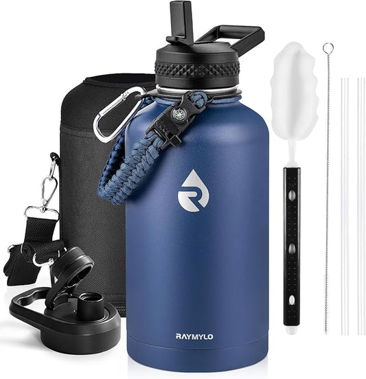 Insulated Water Bottle 64 oz, Triple Wall Vacuum Stainless Steel (Cold for 48 Hrs), Leak Proof & Non-BPA, Half Gallon Water Flask Jug with Paracord Handle & Straw Spout Lids, Navy Blue-FlexoryFit