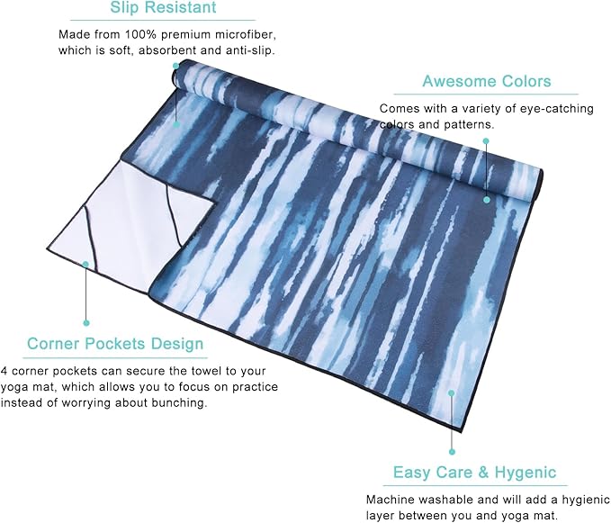 QiyI Yoga Mat Towel with Corner Pockets, Non Slip Sweat Absorbent Hot Yoga Towels, Soft Yoga Blankets with Travel Bag, Skidless Mat Cover for Workout, Gym, Fitness - 70"x26", Blue White Tie Dye-FlexoryFit