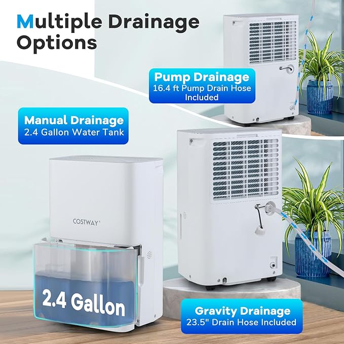 COSTWAY 150 Pints Energy Star Dehumidifier with Pump, 7000 Sq.Ft Portable Home Dehumidifier for Basements with 2 Modes & 3 Fan Speeds, 2.4 Gallon Tank,16.4 FT Pump Drain Hose