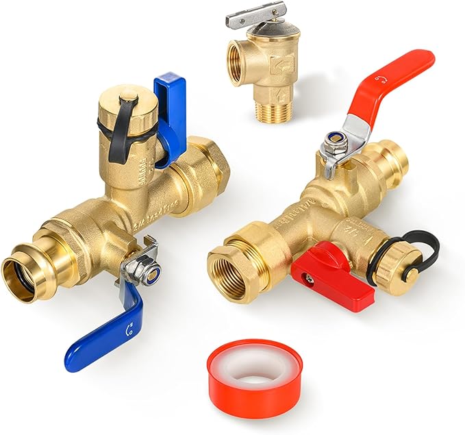 3/4 Inch GUOFIS IPS Tankless Water Heater Valve Kit with Pressure Relief Valve(3/4"FIPx 3/4" Press),1 Set Water Heater Valve Kit