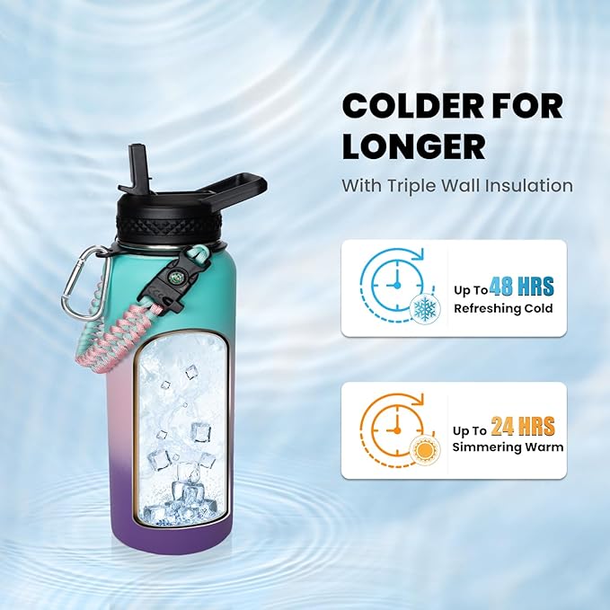Insulated Water Bottle 32 oz, Triple Wall Vacuum Stainless Steel (Cold for 48 Hrs), Leak Proof & Non-BPA, Modern Water Flask Jug with Paracord Handle & Straw Spout Lids, Hydrangea-FlexoryFit