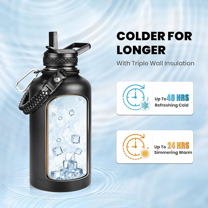 Insulated Water Bottle 64 oz, Triple Wall Vacuum Stainless Steel (Cold for 48 Hrs), Leak Proof & Non-BPA, Half Gallon Water Flask Jug with Paracord Handle & Straw Spout Lids, Magic Black-FlexoryFit
