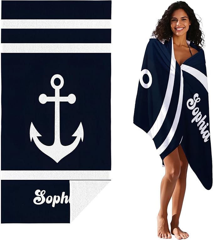 JML Personalized Beach Towel with Name, Custom Anchor Beach Towel, Customized Microfiber Pool Towel, Quick Dry & Absorbent Swim Towel for Adult,Anniversary, Birthday, Summer Holiday,Vacation-FlexoryFit