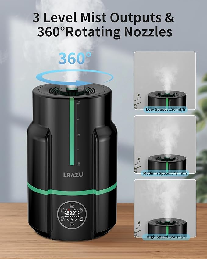 6L Smart Cool Mist Humidifier, Modern Black for Large Bedroom, Ultra Quiet 22dB with Humidistat, 50H Runtime, Top Fill, Oil Diffuser and Remote Control