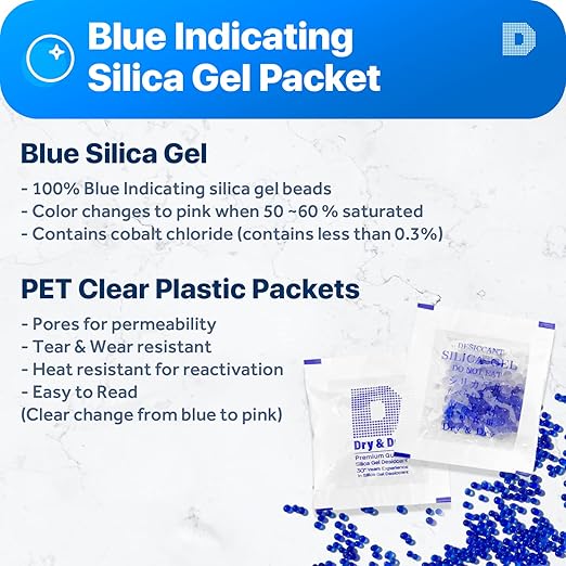 Dry & Dry 1 Gram [1000 Packets] Blue Indicating(Blue to Pink) Silica Gel Packets Desiccants Silica Gel Packets - Rechargeable Silica Packets, Silica Gel, Silica Gel Packs