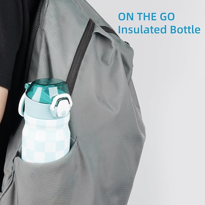 Insulated Water Bottle with Straw and Carry Loop,18 oz Stainless Steel Double Wall Vaccum Metal Water Flask with Leak-proof Lid,Blue White Plaid-FlexoryFit