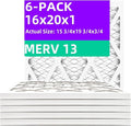 16x20x1 MERV 13 (6-Pack) Pleated Air Filter (Actual Size: 15.75x19.75x0.75") MPR 1900 & FPR 10, Furnace Air Filters,16x20x1 air filter