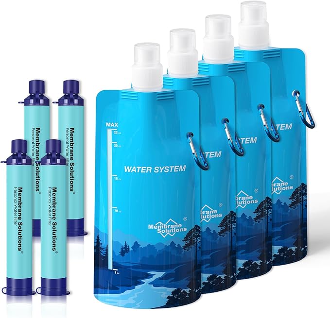 Membrane Solutions Squeezable Water Filtration System, Survival Water Purifier Kit, Portable Backpacking Gear Including Water Filter Straw and 23oz Collapsible Bottle for Hiking Camping Travel(4+4)