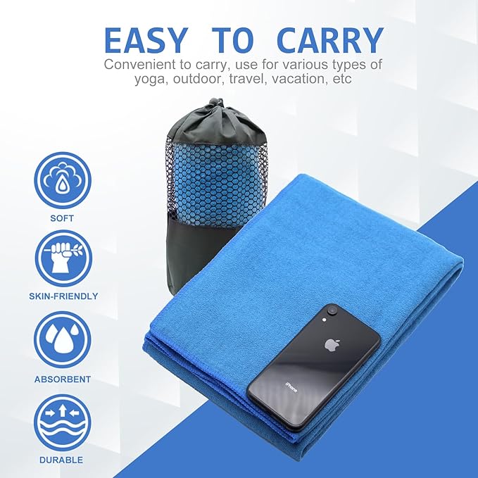 Eunzel Yoga Towel,Hot Yoga Mat Towel with Grip Dots Sweat Absorbent Non-Slip for Hot Yoga, Pilates and Workout 24" x72", Blue-FlexoryFit