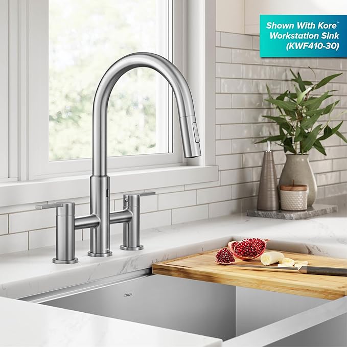 KRAUS Oletto Touchless Sensor Bridge Kitchen Faucet with Pull-Down Sprayhead in Matte Black, KSF-3122MB