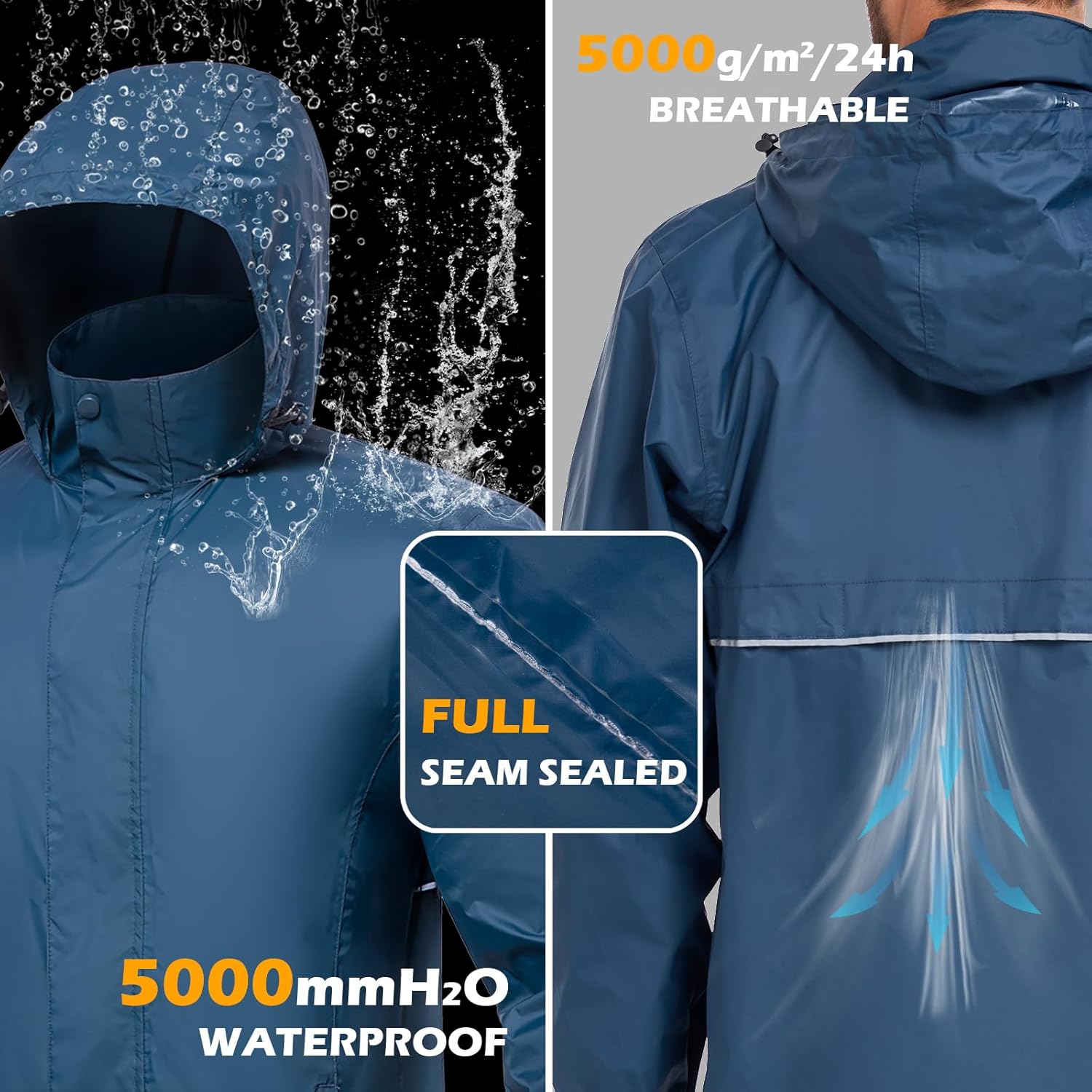 MANSDOUR Men's Packable Rain Jacket Waterproof Lightweight Windbreaker Cycling Golf Hiking Reflective Raincoat with Hood