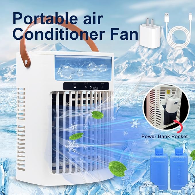 Portable Air Conditioner, Air Cooler, 1000ml Cold Fan Air Conditioner, 5 Air Speeds and 7 LED Lights, 2 Ice Packs, 3 Cold Mist and 2/4/6 Timer, USB Cold Fan for Home, Office and Outdoors.