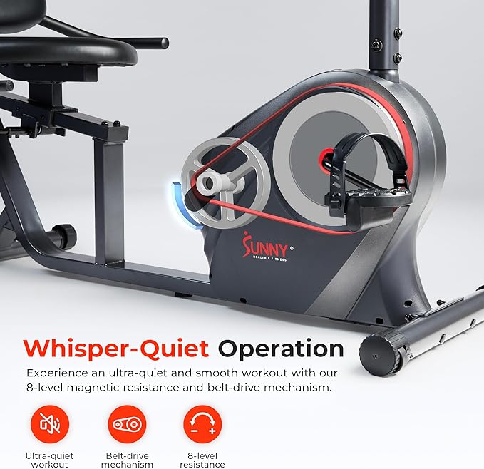 Sunny Health & Fitness Smart Heavy-Duty Recumbent Bike w/Wide Cushioned Seat & Back, Indoor Cycling Machine for Adult/Seniors Home Exercise, Free SunnyFit App Connect, Optional Workout Training Bands-FlexoryFit