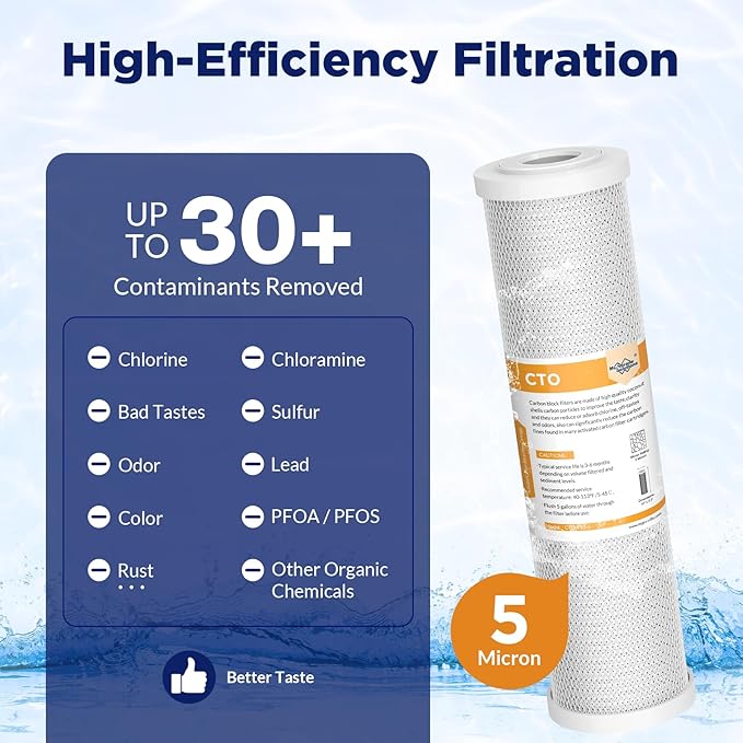 Membrane Solutions 5 Micron 2.5" x 10" CTO Carbon Block Water Filter Cartridge Replacement for Whole House Filtration Systems, Compatible with WFPFC8002, WFPFC9001, FXWTC, WHKF-WHWC, 6-Pack