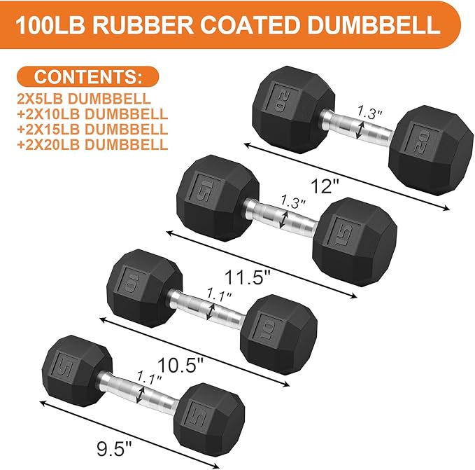 Rubber Coated Hex Dumbbell Weight Set, Multiple Sizes Exercise & Fitness Dumbbells,100LB Set,110LB Set,200LB,350LB,450LB,550LB, 35-50Lbs Pairs for Muscle Toning, Strength Building & Full Body Workout-FlexoryFit