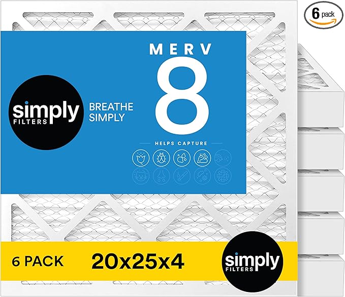 Simply 20x25x4 Air Filter, MERV 8, MPR 600, 6 Pack, Furnace Air Filter for HVAC (Actual Size:19.5"x24.5"x3.63") DUST, Pet, & Allergy Control