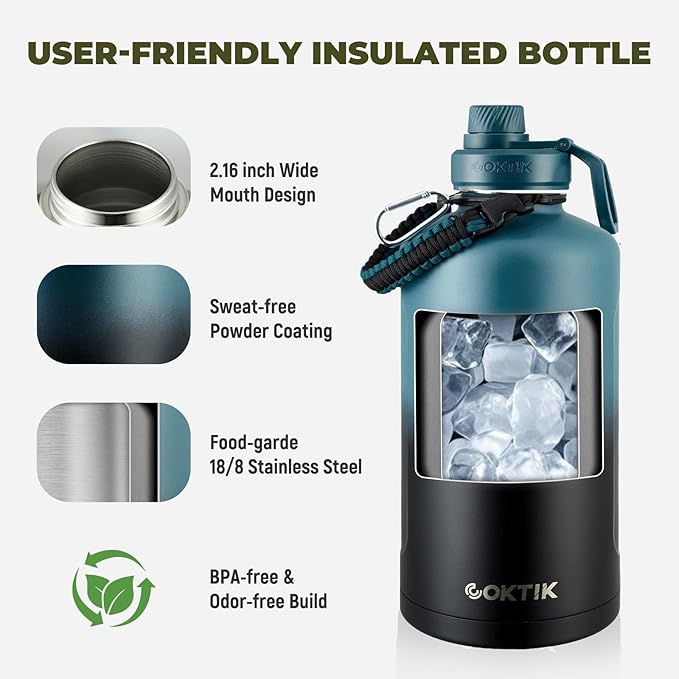 2 Pack 128 oz Insulated Water Bottle, Triple Wall Stainless Steel Flask, Keeps Drinks Cold for 48 Hrs Leak-Proof & BPA-Free Half Gallon Jug with Paracord Handle, Straw & Spout Lids(2 pack,Mix Color)-FlexoryFit