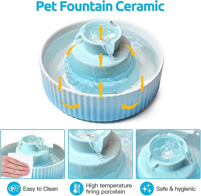 2.1L Ceramic Cat Water Fountain-for Cats and Dogs, 360 Ceramic Pet Fountain-70 Oz Large Water Capacity - Whisper-Quiet Water Flow-Great for Shy or Timid Pets - Fresh, Filtered Water (Blue)